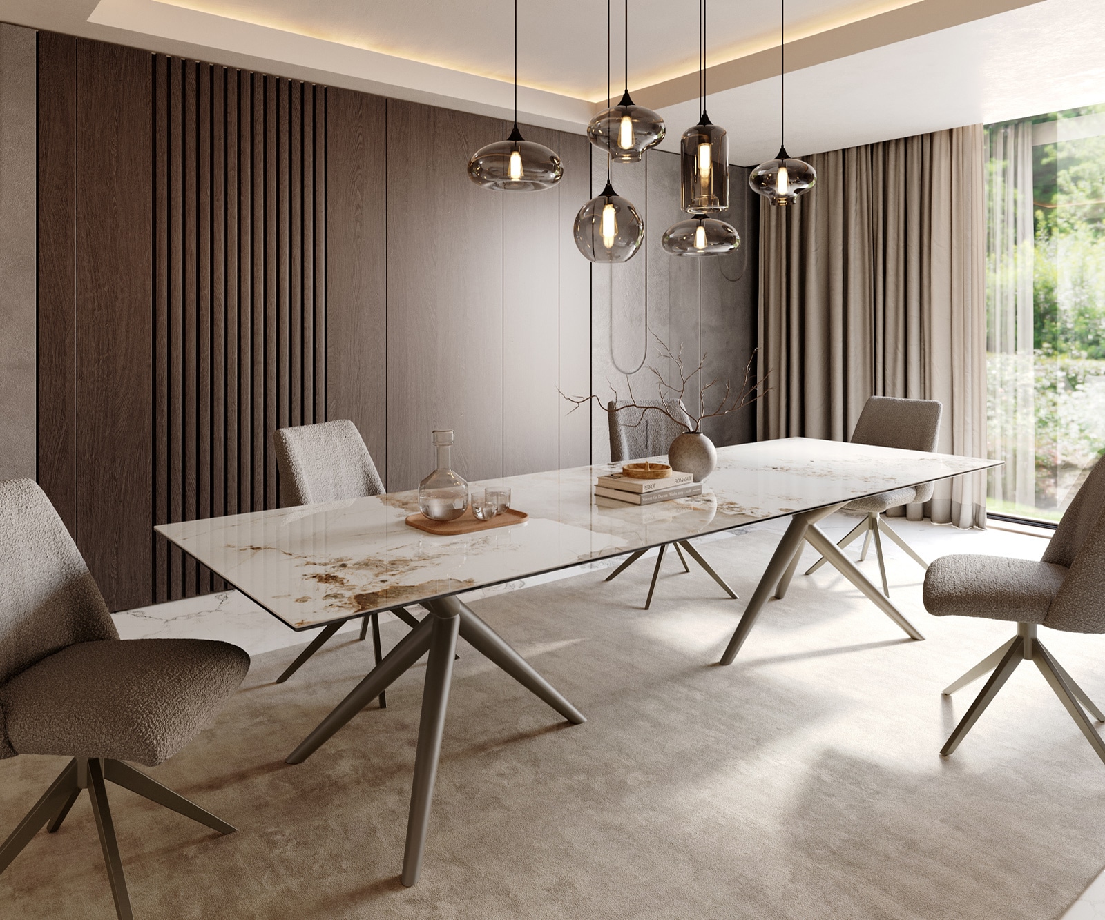 DELIFE Esstisch Edge 300x100 Keramik Minas Melange Weiß-Beige Estelar rund Metall Effektfinish Titan