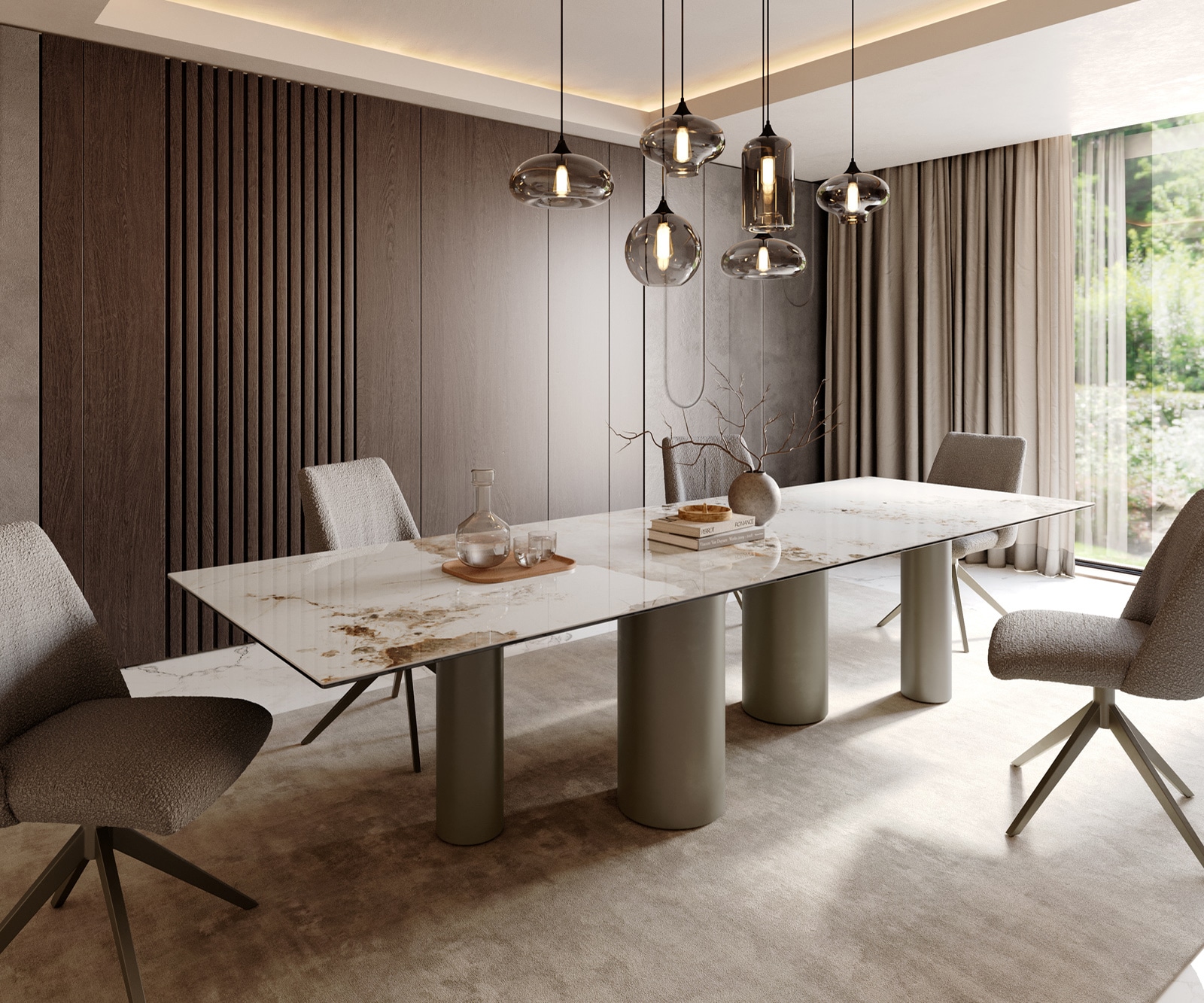 DELIFE Esstisch Edge 300x100 Keramik Minas Melange Weiß-Beige Pilier Metall Effektfinish Titan