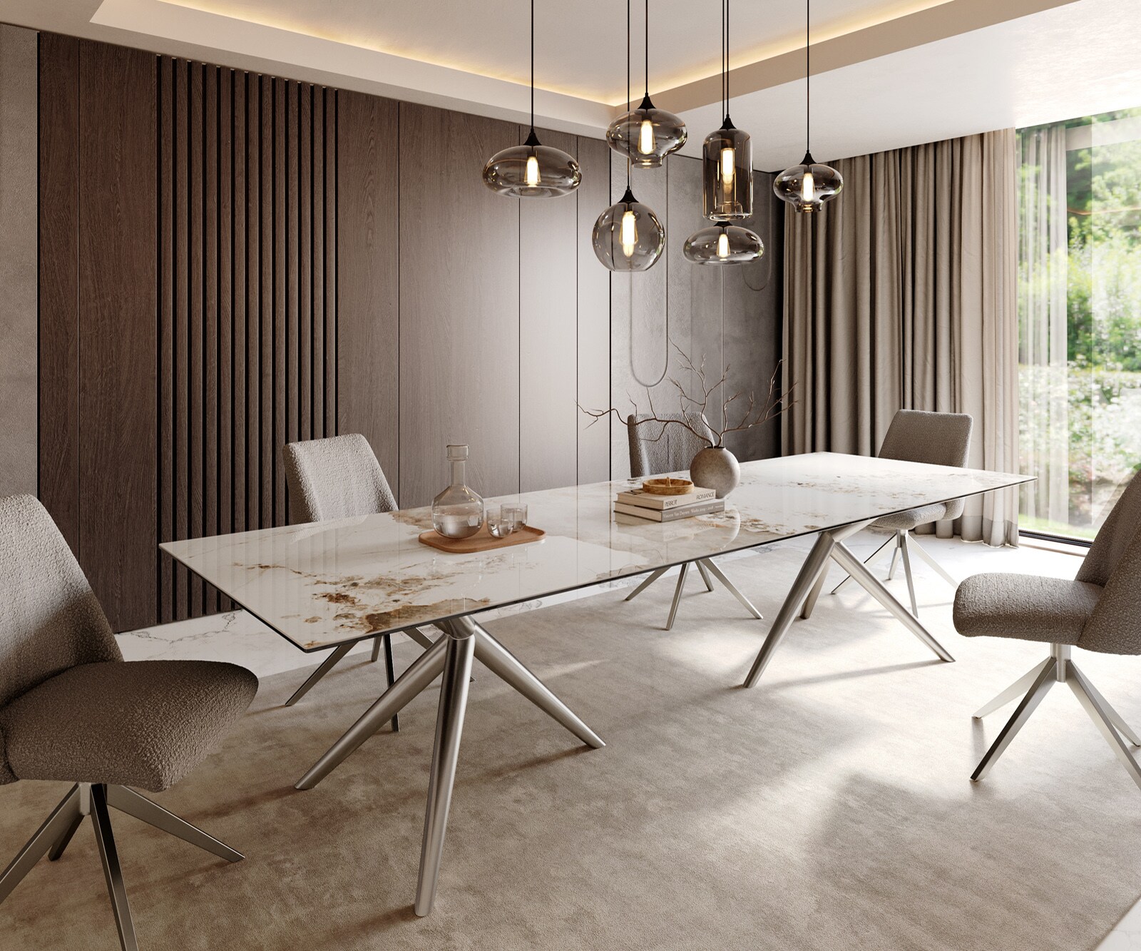 DELIFE Esstisch Edge 300x100 Keramik Minas Melange Weiß-Beige Estelar rund Edelstahl