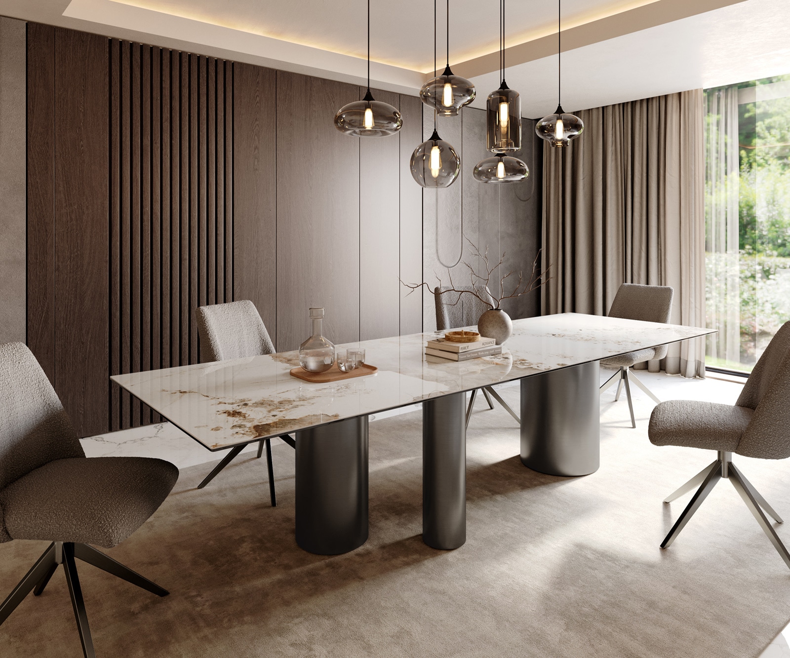 DELIFE Esstisch Edge 300x100 Keramik Minas Melange Weiß-Beige Troa Edelstahl Graphit