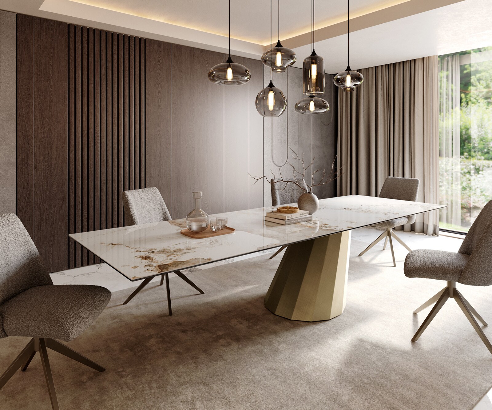 DELIFE Esstisch Edge 300x100 Keramik Minas Melange Weiß-Beige Parabel Metallic Gold
