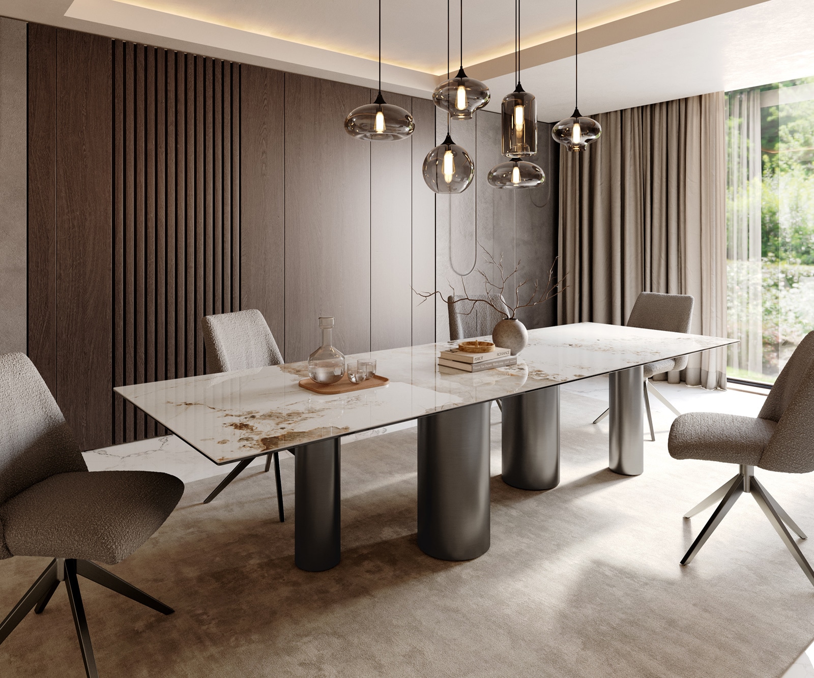 DELIFE Esstisch Edge 300x100 Keramik Minas Melange Weiß-Beige Pilier Edelstahl Graphit