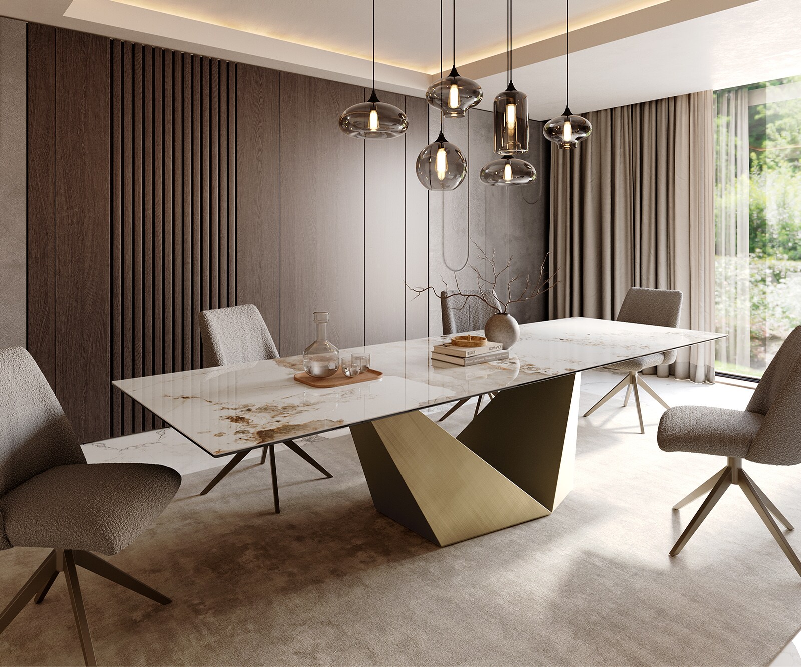 DELIFE Esstisch Edge 300x100 Keramik Minas Melange Weiß-Beige Prisma Metallic Gold