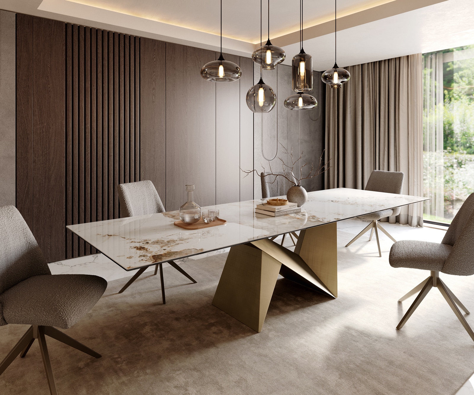 DELIFE Esstisch Edge 300x100 Keramik Minas Melange Weiß-Beige Origami Metallic Gold