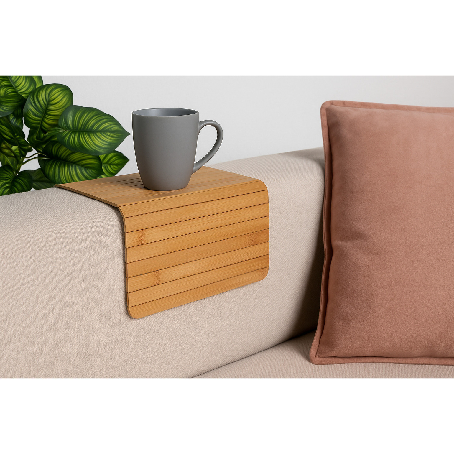 H&S Collection Bankleuning dienblad flexibel - lichtbruin - bamboe - x 24 cm - armleuning -