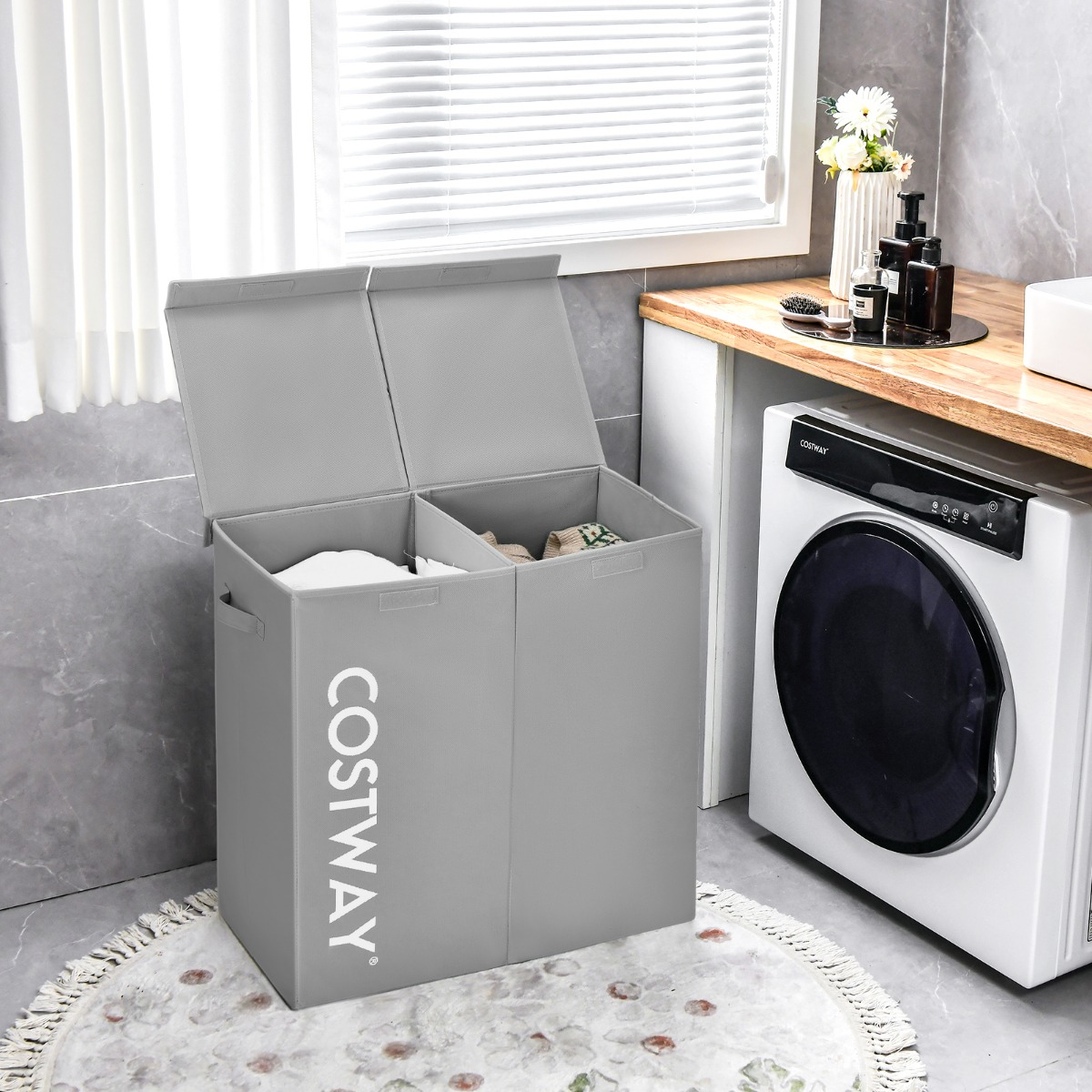 Costway Wasmand met Deksel 115 L Wasverzamelaar 2 Vakken Wasbox van Vliesstof met Handgrepen 62 x 31 x 60 cm (Grijs)
