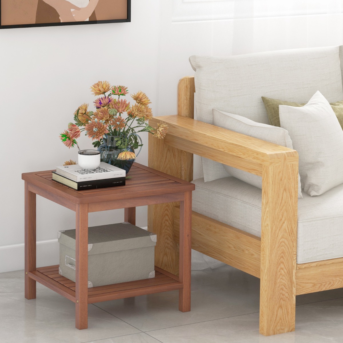 Costway 2-Tier Houten Bijzettafel Draagbare Rechthoekige Eindtafel met Lattenbodem Salontafel voor Binnen en Buiten voor Thuis Zwembad Terras