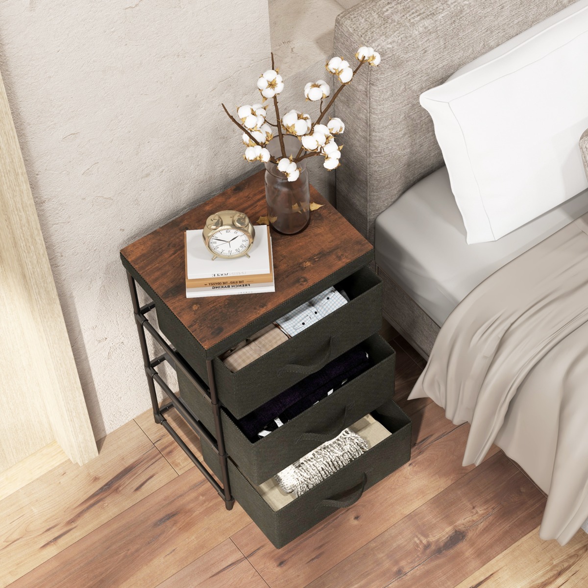 Costway Nachtkastje met Stoffen Laden Bijzettafel met Metalen Frame Opbergkast Stoffen Commode voor Slaapkamer Woonkamer Hal (Zwart)