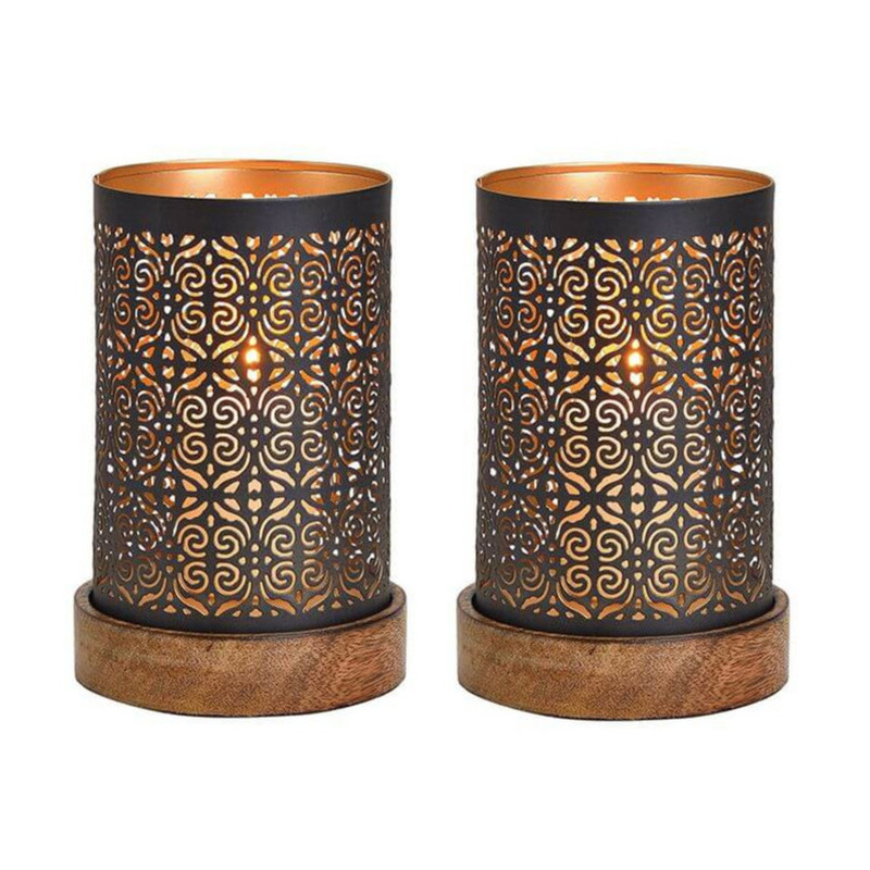 Merkloos Waxinelicht/theelicht houders Maroc - 2x - koper/zwart - op houten voet - 18 x 10 cm -
