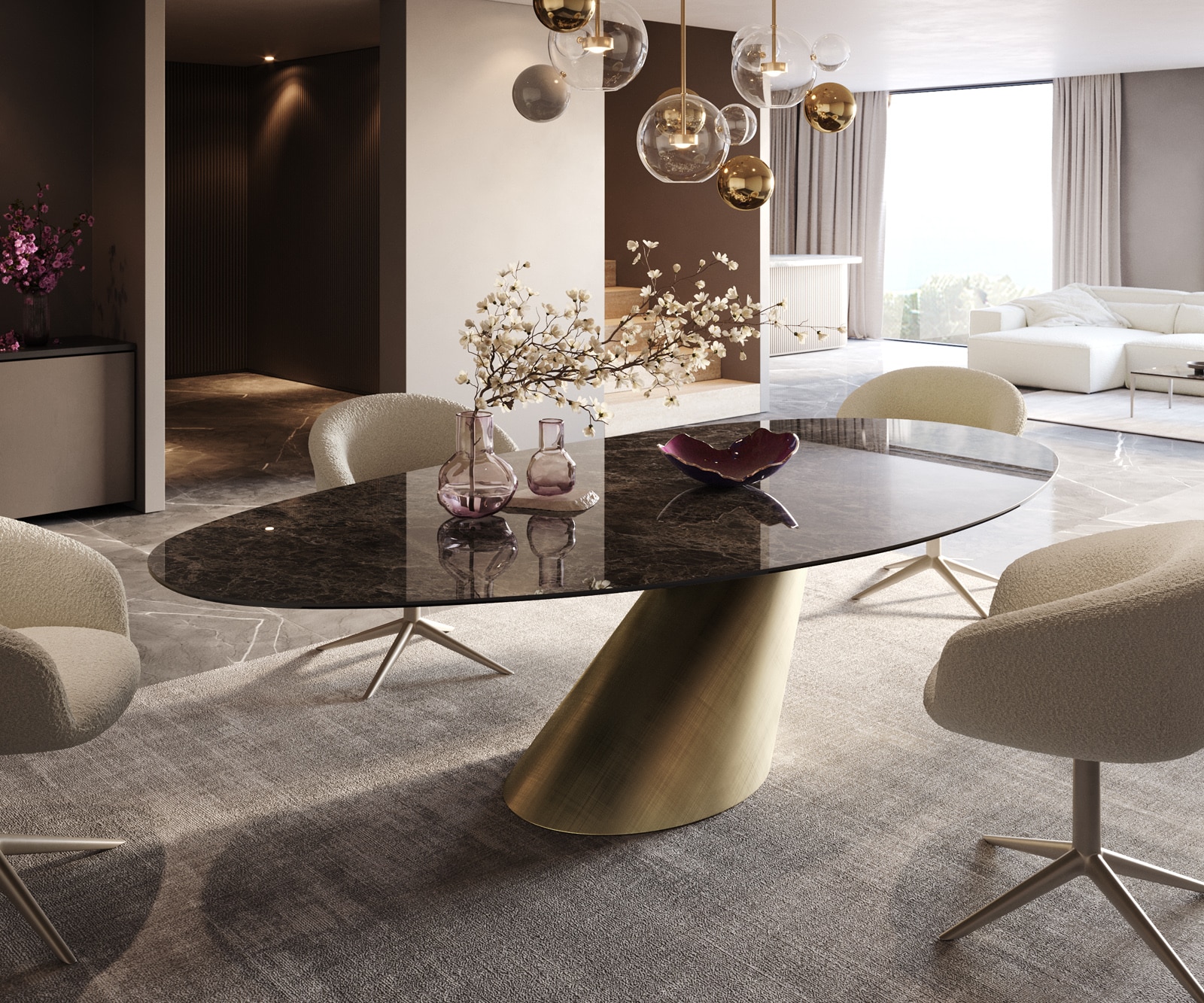 DELIFE Esstisch Edge Oval 280x130 Keramik Laminam Emperador Extra Lucidato Dunkelbraun Cono Metallic Gold