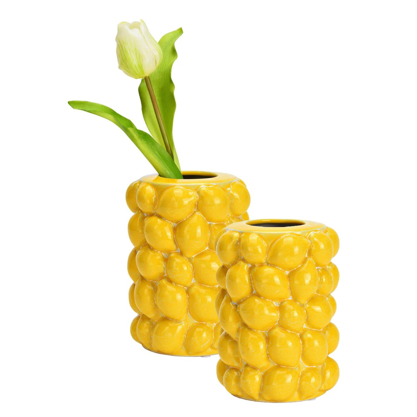 Merkloos Bloemenvaas citroenen - 2x - geel - keramiek - D12 x H19 cm - fruitvaas citroen patroon -