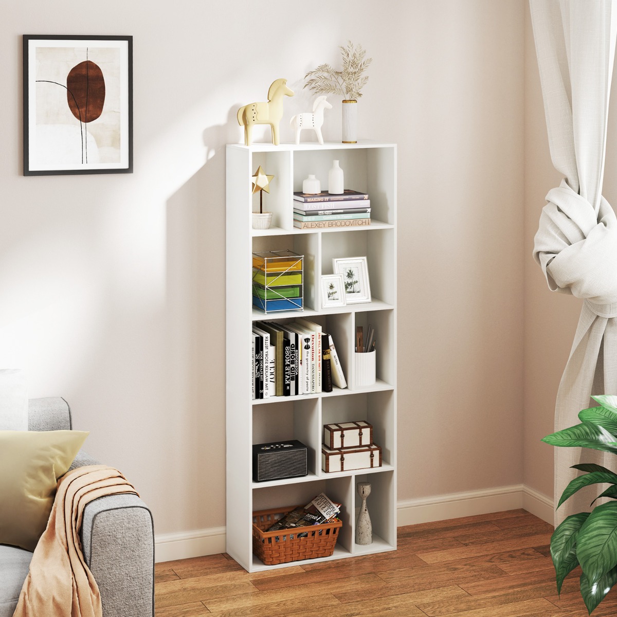 Costway Boekenkast met 5 Niveaus Houten Opbergplank met 10 Compartimenten Staande Kamerverdeler Vrijstaande Open Houten Plankenkast Wit
