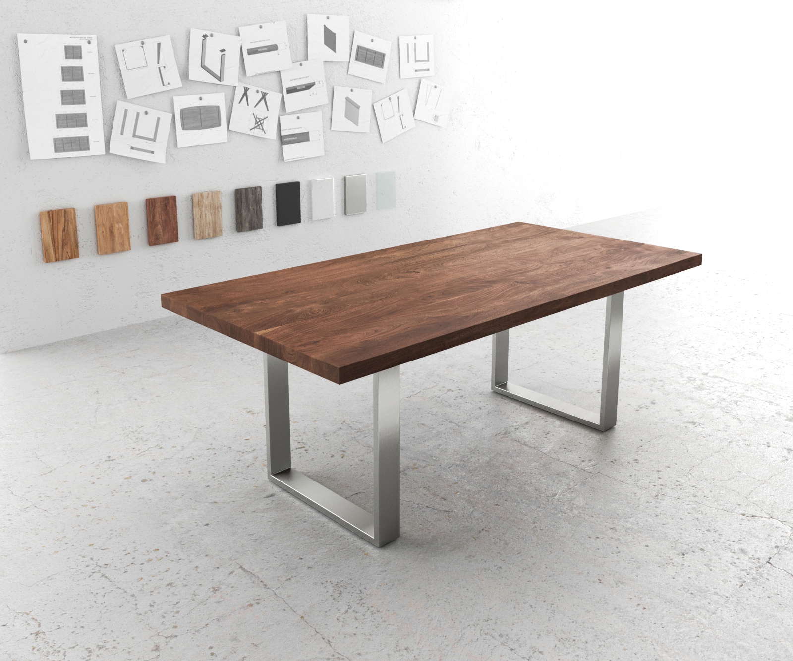 DELIFE Esstisch Edge 200x100 XL Akazie Braun Edelstahl Schmal