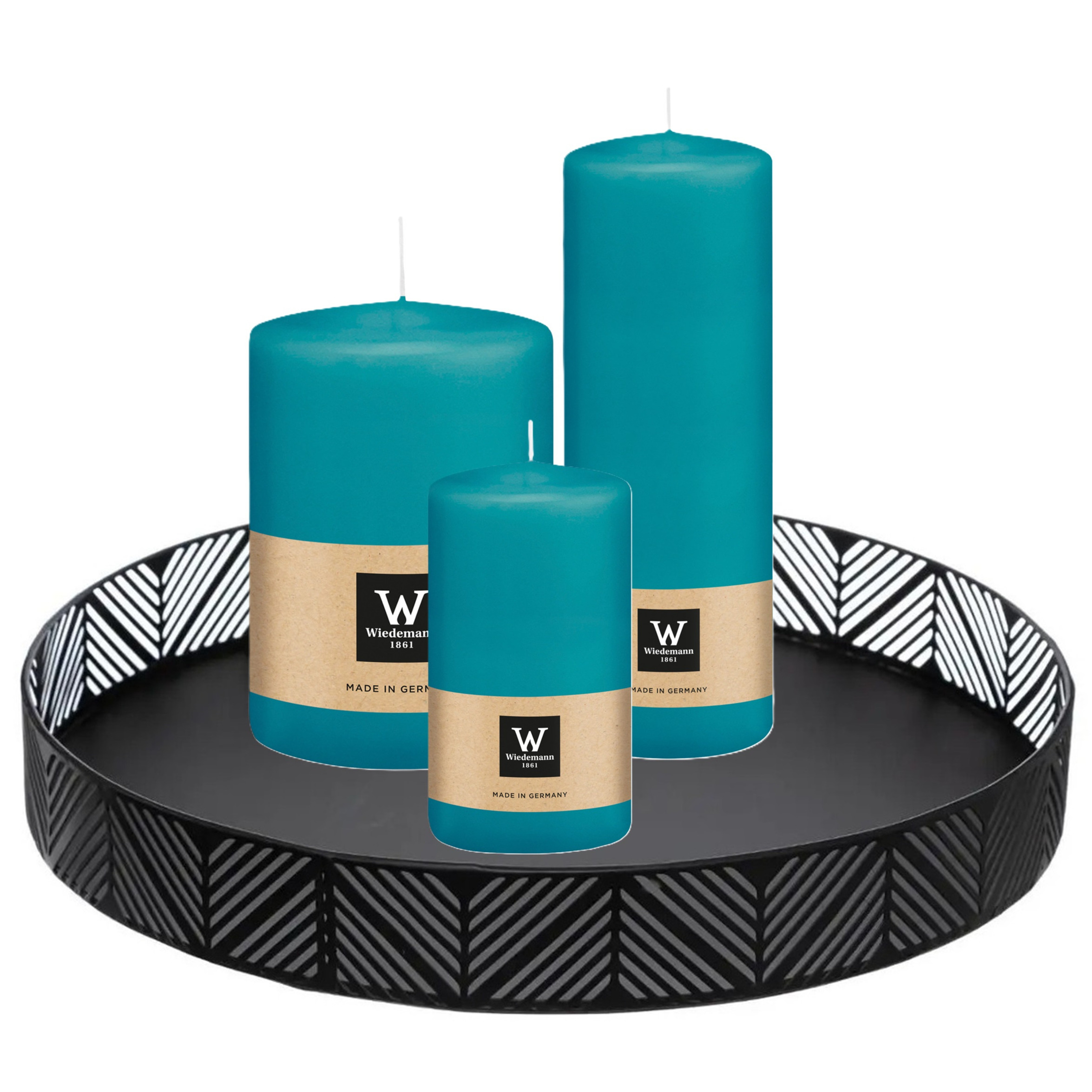 Wiedemann Cilinderkaarsen/stompkaarsen - set van 3 op dienblad - turquoise - 6 x 12/10x15/7x20 cm -
