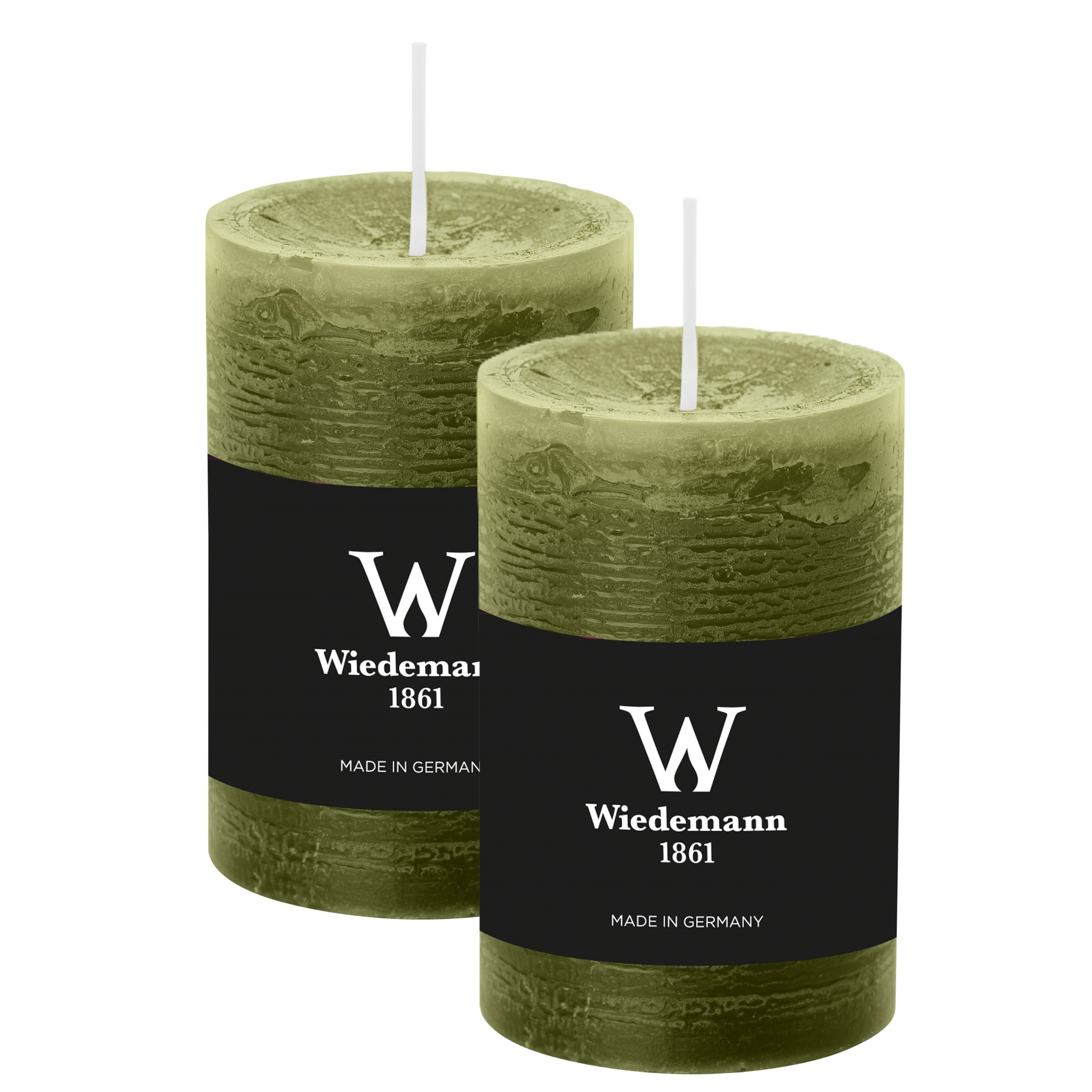 Wiedemann Cilinderkaars/stompkaars - 2x - rustieke kaars - olijfgroen - 6 x 9 cm - 30 branduren -