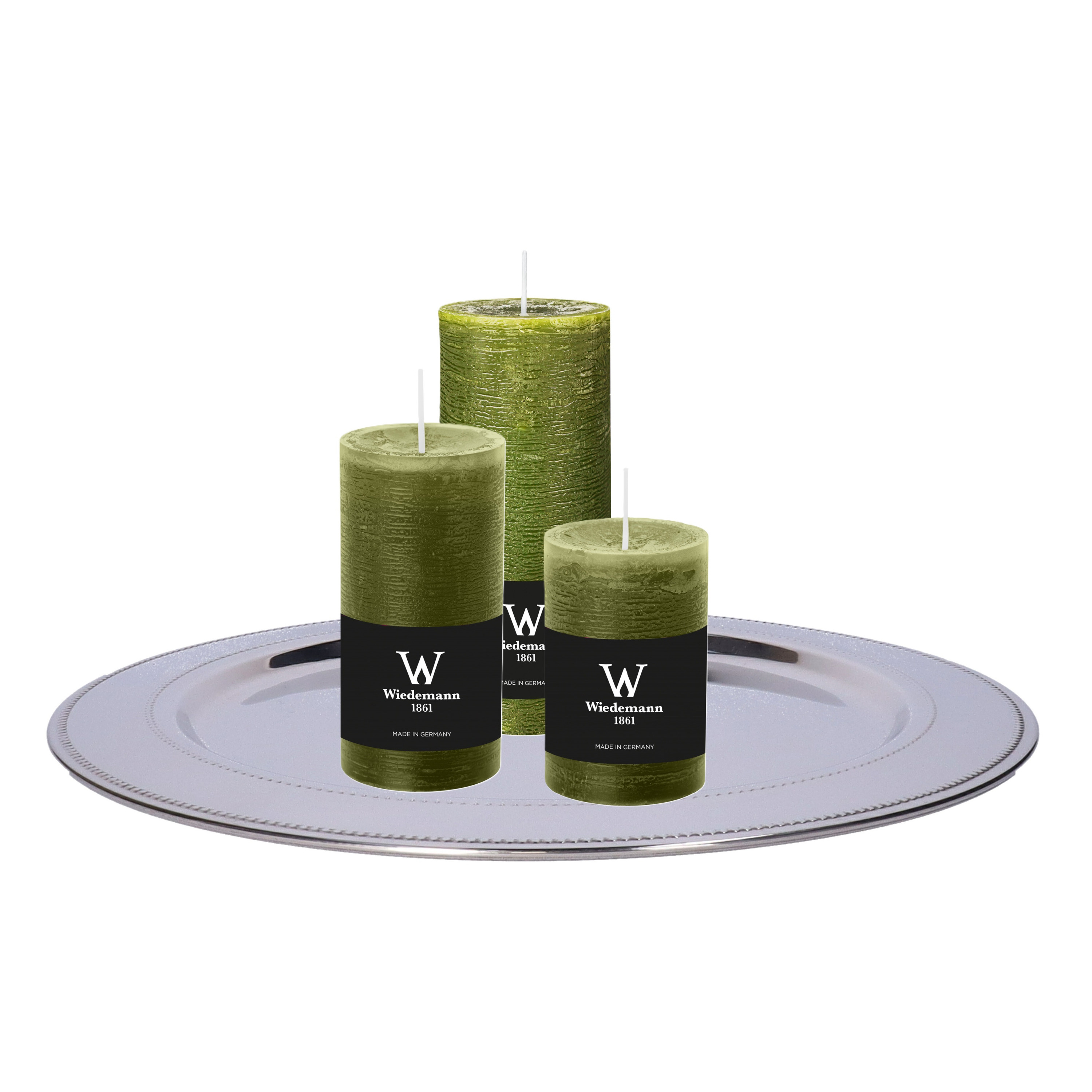 Wiedemann Cilinderkaarsen set van 3 met kaarsenbord - olijfgroen - 6x9/6x12/7x16 cm - rustieke kaarsen -