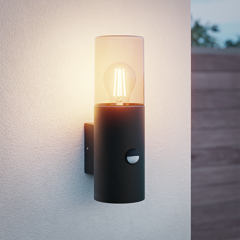 HOFTRONIC™ Blaze PIR LED wandlamp smoked glas - Schemer- en bewegingssensor - ex. E27 lichtbronnen - max. 15 Watt - Up Light - Muurlamp - Muurverlichting - IP44 voor binnen en buiten - Zwart