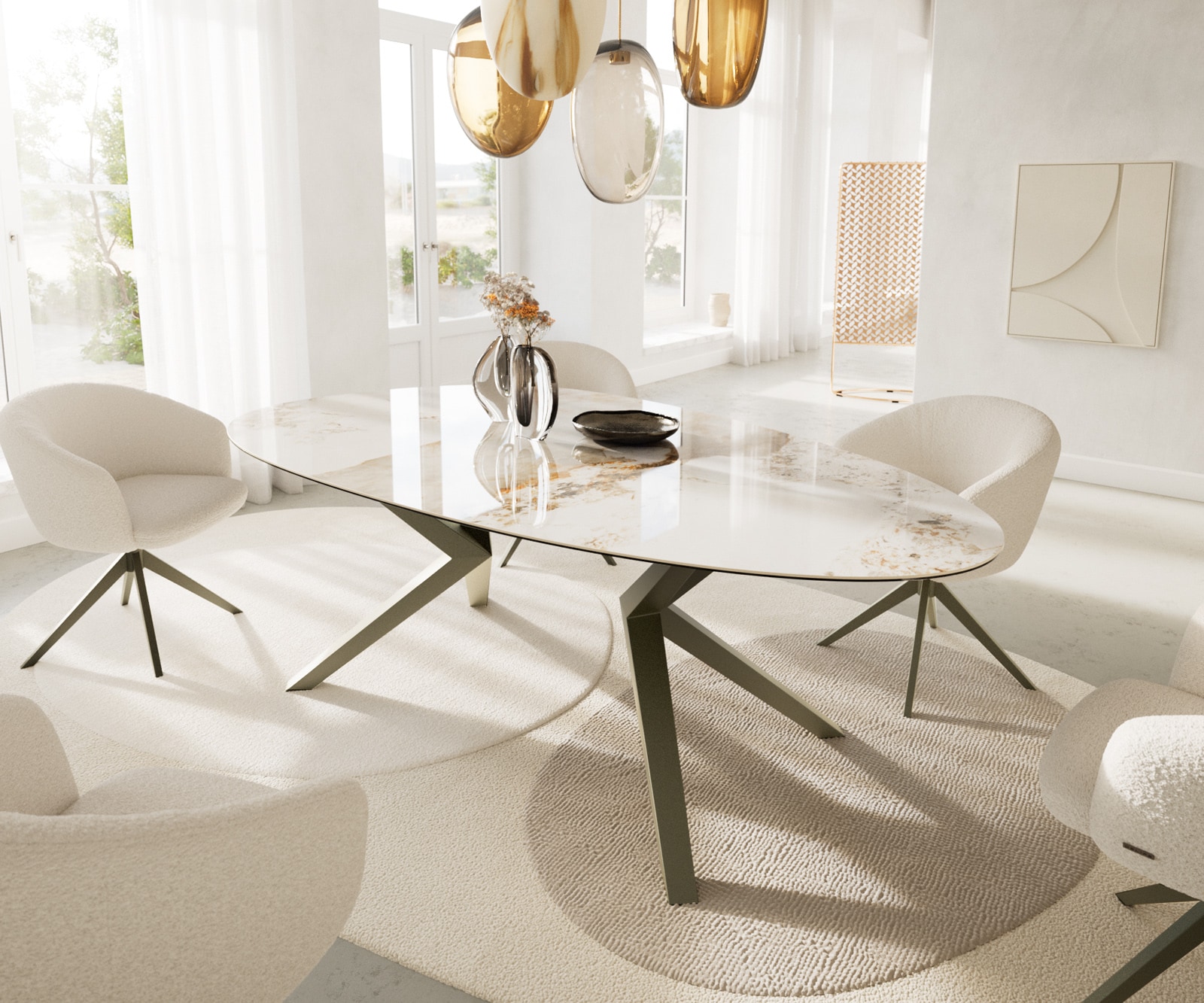 DELIFE Esstisch Edge Oval 220x120 Keramik Minas Melange Weiß-Beige Zenthara kantig Metall Effektfinish Titan