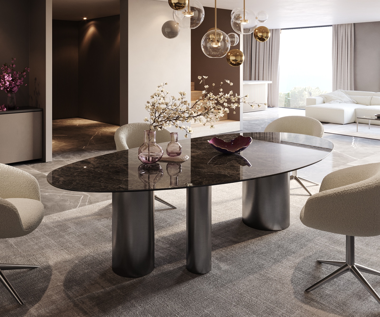 DELIFE Esstisch Edge Oval 280x130 Keramik LaminamEmperador Extra Lucidato Dunkelbraun Troa Edelstahl Graphit