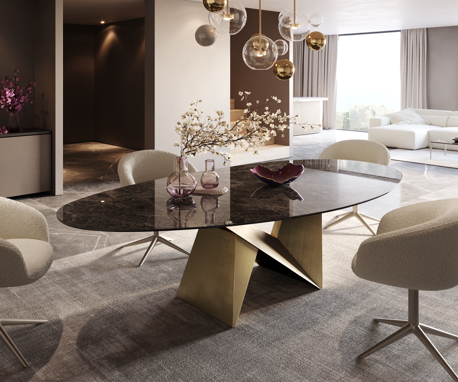 DELIFE Esstisch Edge Oval 280x130 Keramik Laminam Emperador Extra Lucidato Dunkelbraun Origami Metallic Gold
