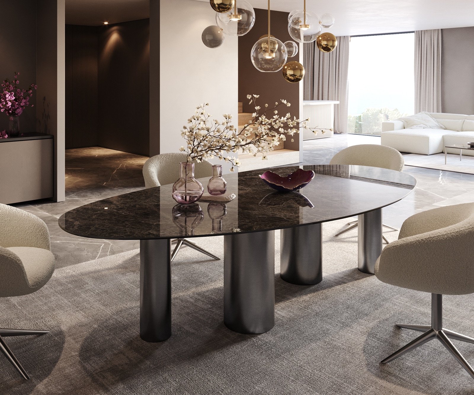 DELIFE Esstisch Edge Oval 280x130 Keramik LaminamEmperador Extra Lucidato Dunkelbraun Pilier Edelstahl Graphit