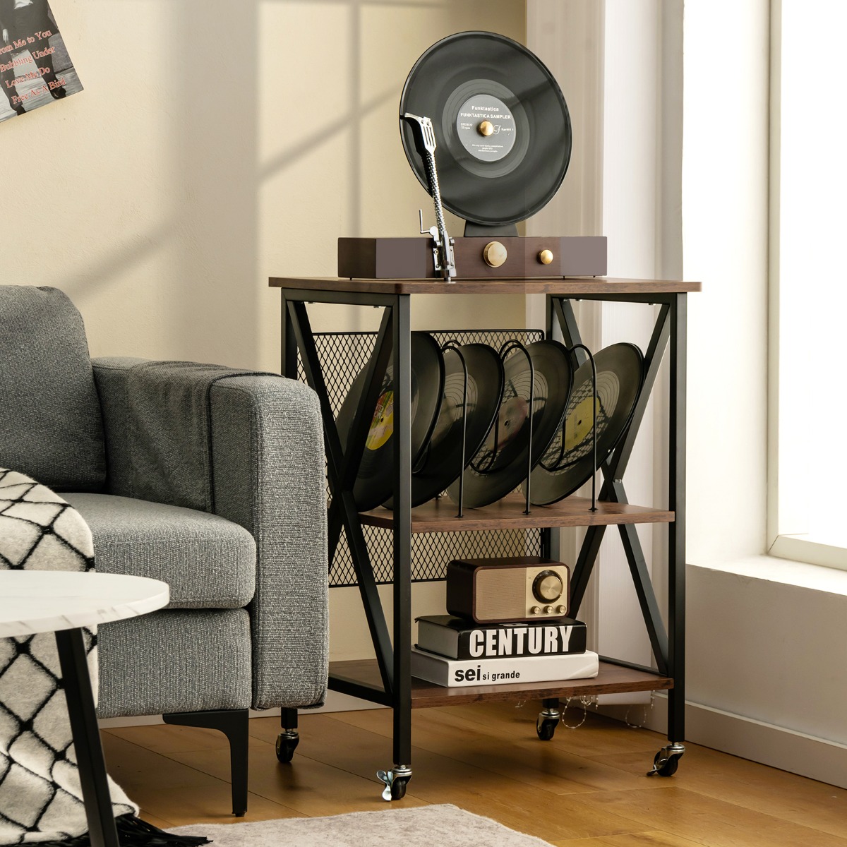 Costway Platenspeler Standaard Met Vergrendelbare Wielen 3-Laags Platenspeler Standaard Rustiek Vinyl Platenrek met 3 Verdelingen Bruin