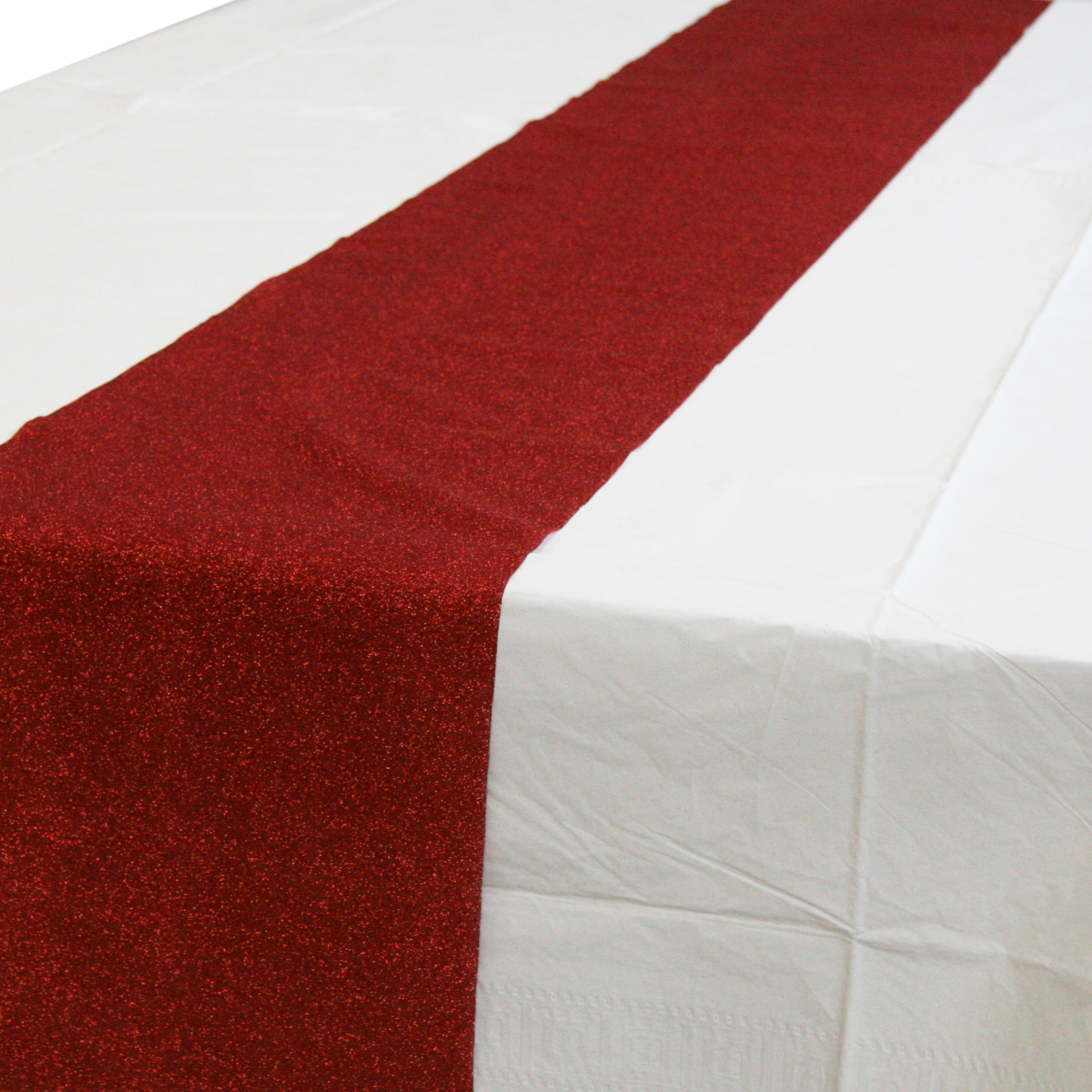 Merkloos Wit tafelkleed 274 x 137 cm met rode tafelloper met glitters voor de kersttafel -