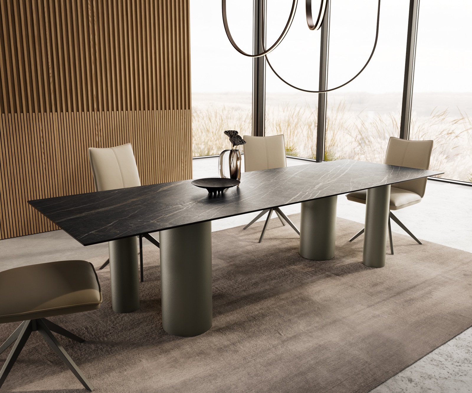 DELIFE Esstisch Edge 300x100 Keramik LaminamNoir Desir Braun Pilier Metall Effektfinish Titan