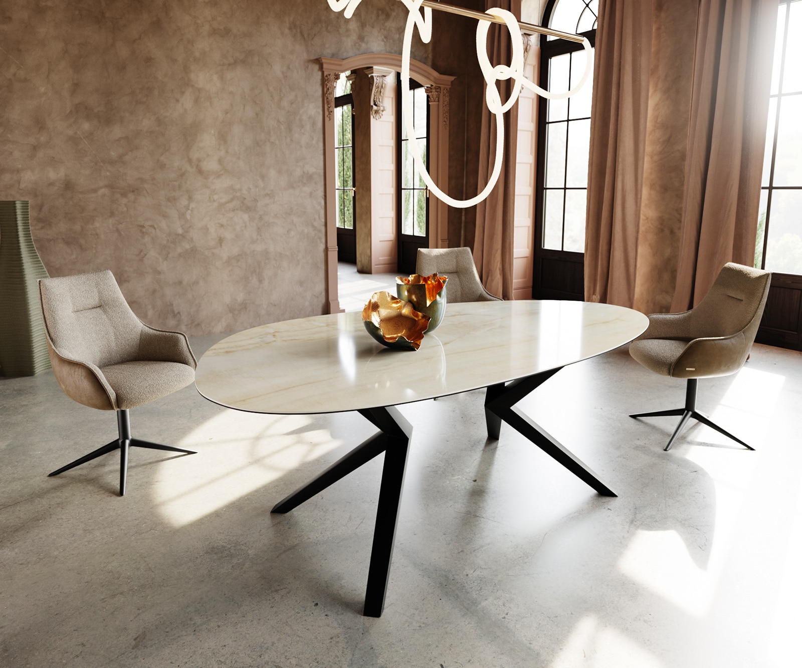 DELIFE Esstisch Edge Oval 220x120 Keramik Iris FMG Onice Oro Zenthara kantig Metall Schwarz