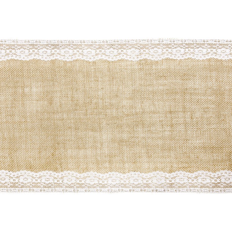 Merkloos Pakket van 2x stuks Kerst thema jute tafellopers 28 x 275 cm met wit kant -