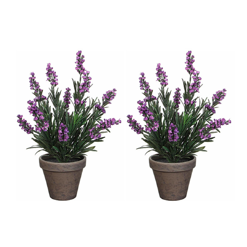 Mica Decorations 2x stuks lavendel kunstplanten/kamerplanten paars in grijze sierpot H33 cm x D20 cm -