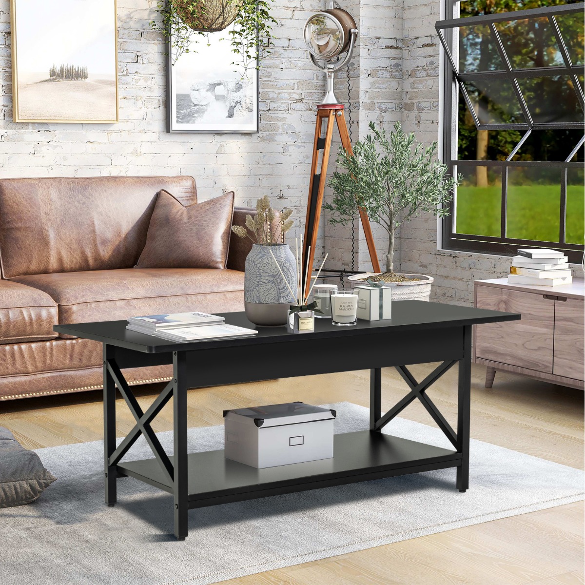 Costway Salontafel Koffietafel met Legplank Woonkamertafel Banktafel voor Woonkamer 110 x 60 x 48 cm (Zwart)