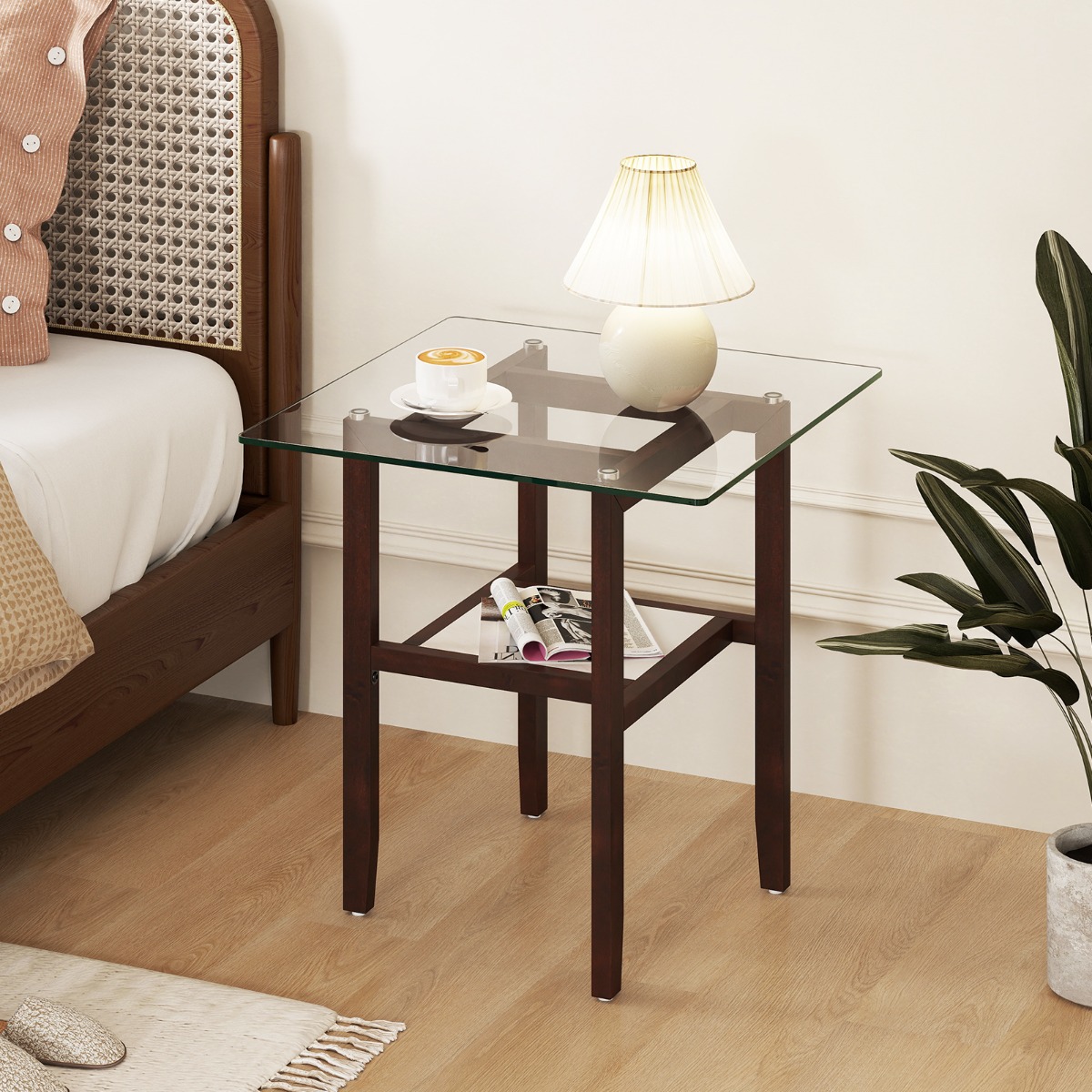 Costway Vierkante Glazen Bijzettafel (61 cm) Salontafel met Twee Lagen Opbergplank en Rubberhouten Frame Moderne Bijzettafel Bruin