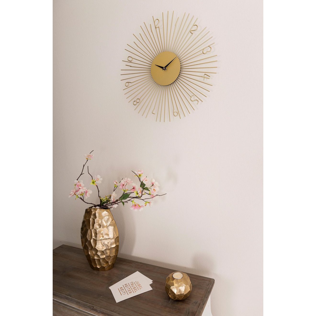Leonique Wandklok - Gold - goud, rond, ø 45,5 cm, van metaal, zon, ideaal in de woonkamer (1-delig)