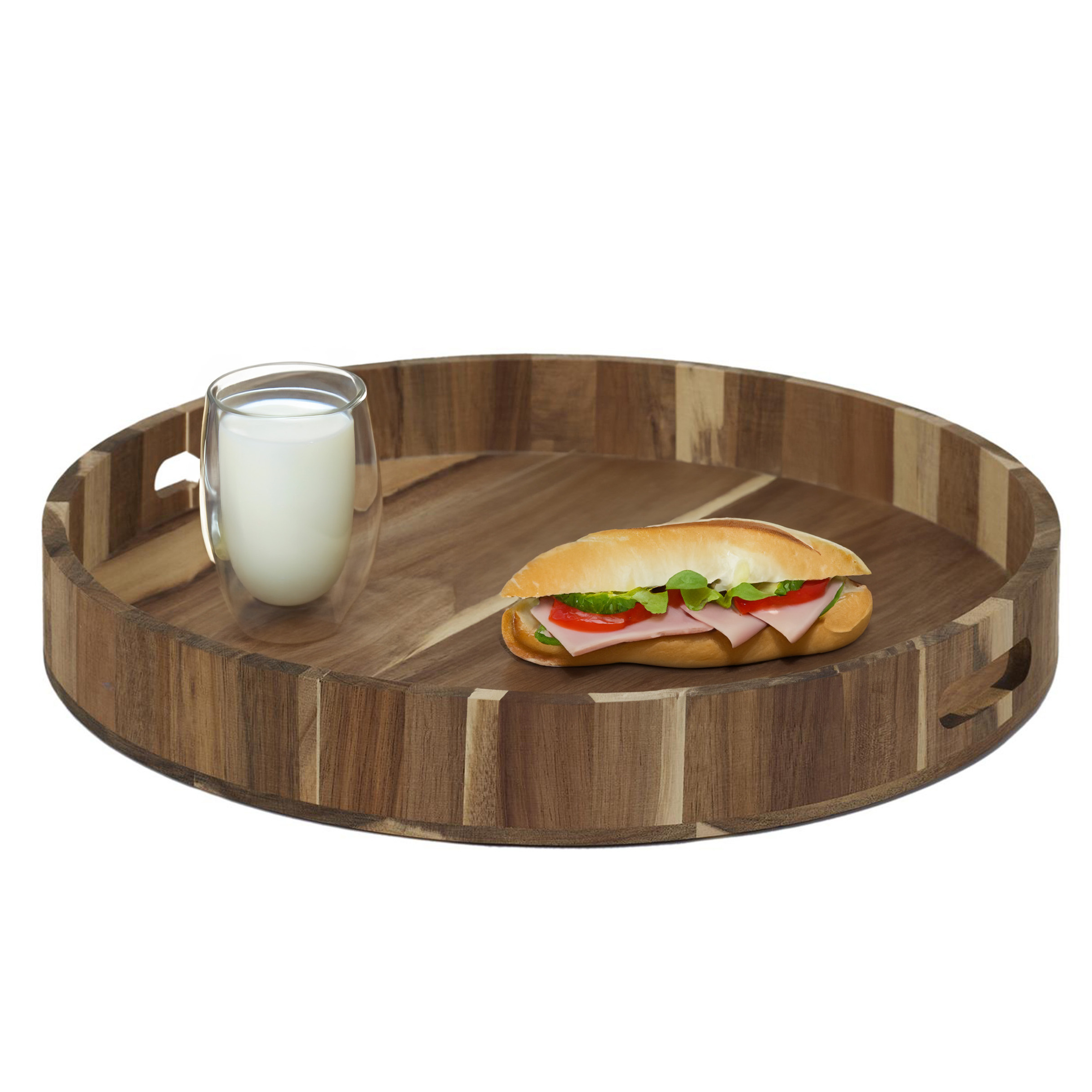 Home Deco Factory dienblad van Acacia hout - Rond - x 5 cm - bruin - Hoge opstaande rand -