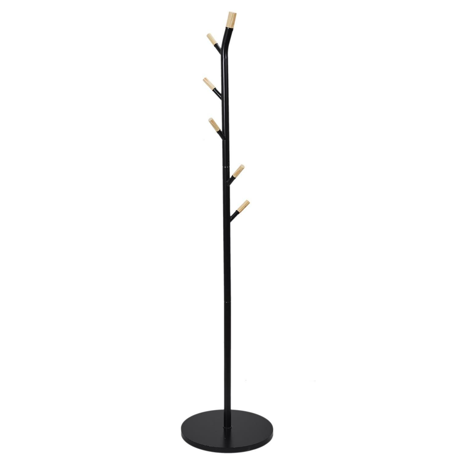 Home Deco Factory Kapstok - zwart - metaal/hout - 6 haken - 175 cm - staand -