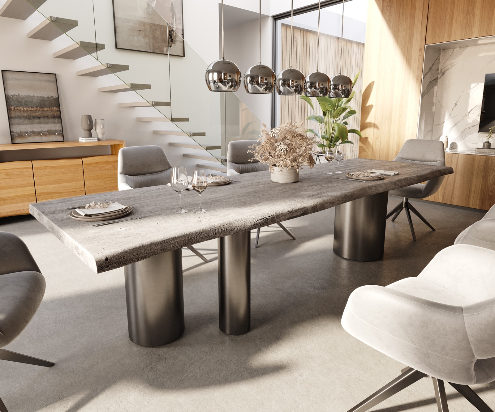 DELIFE Esstisch Edge 300x100 XL Akazie Platin Troa Edelstahl Graphit Live-Edge