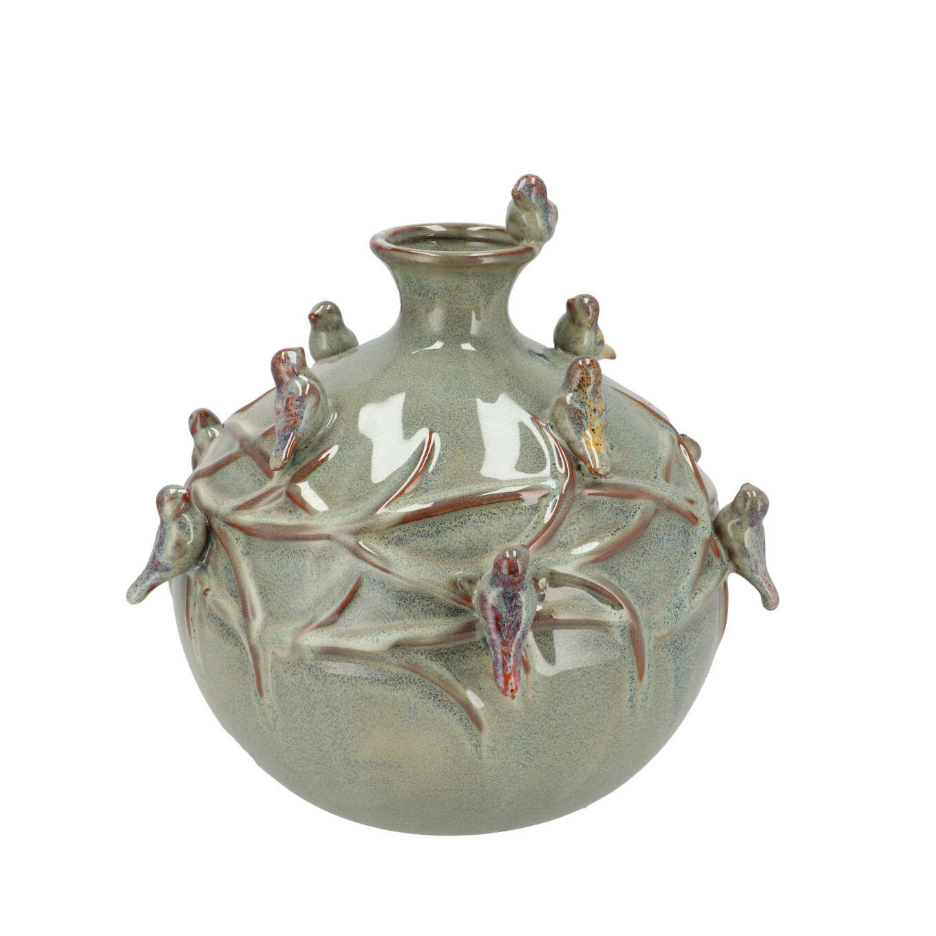 DK Design Vaas Spring birds - mosgroen - keramiek - D14 x H14 cm - bloemenvaas -