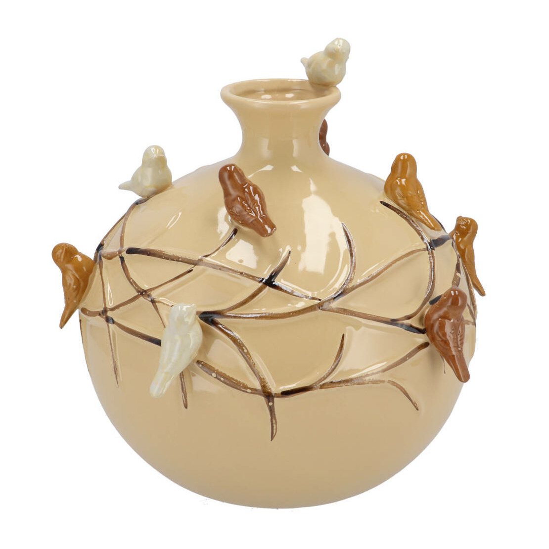 DK Design Vaas Spring birds - zandkleurig - keramiek - D14 x H14 cm - bloemenvaas -