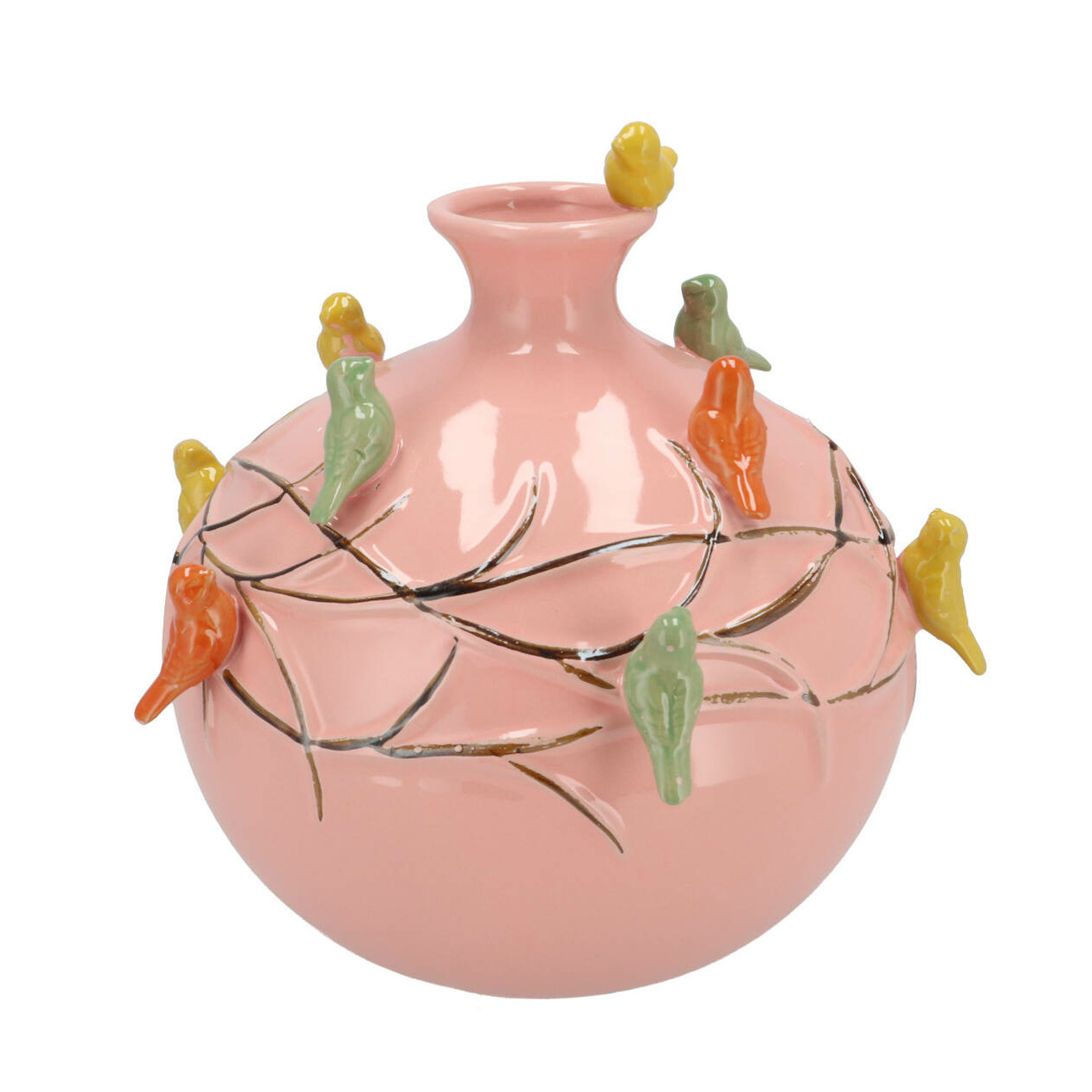 DK Design Vaas Spring birds - roze - keramiek - D18 x H18 cm - bloemenvaas -