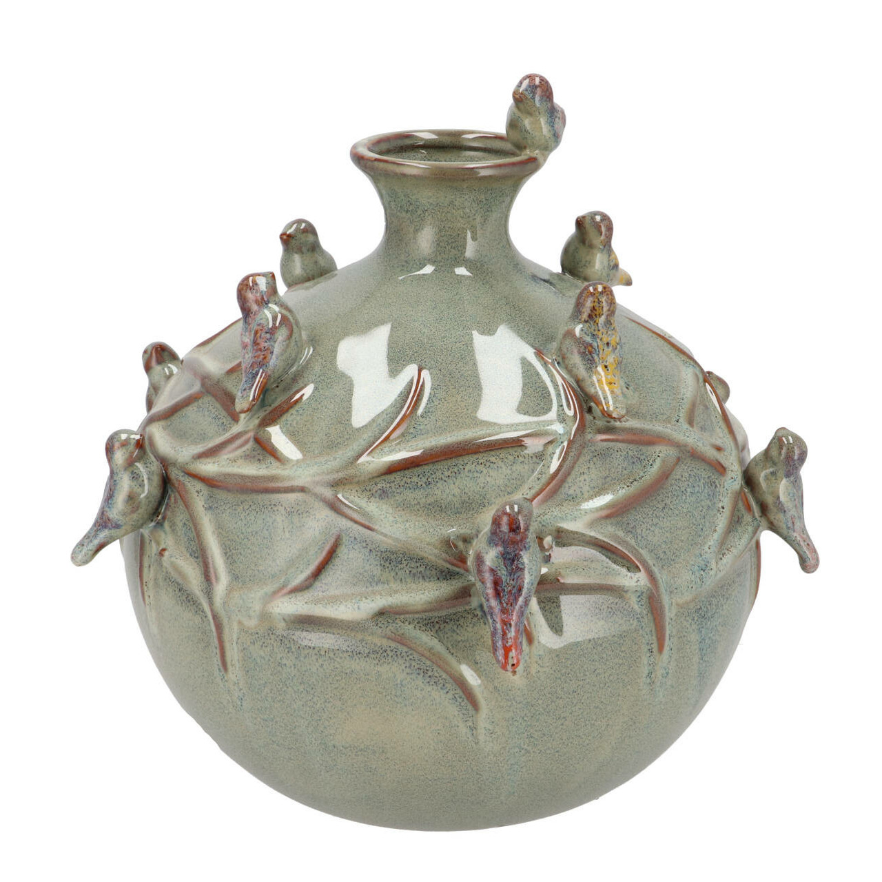 DK Design Vaas Spring birds - mosgroen - keramiek - D23 x H23 cm - bloemenvaas -