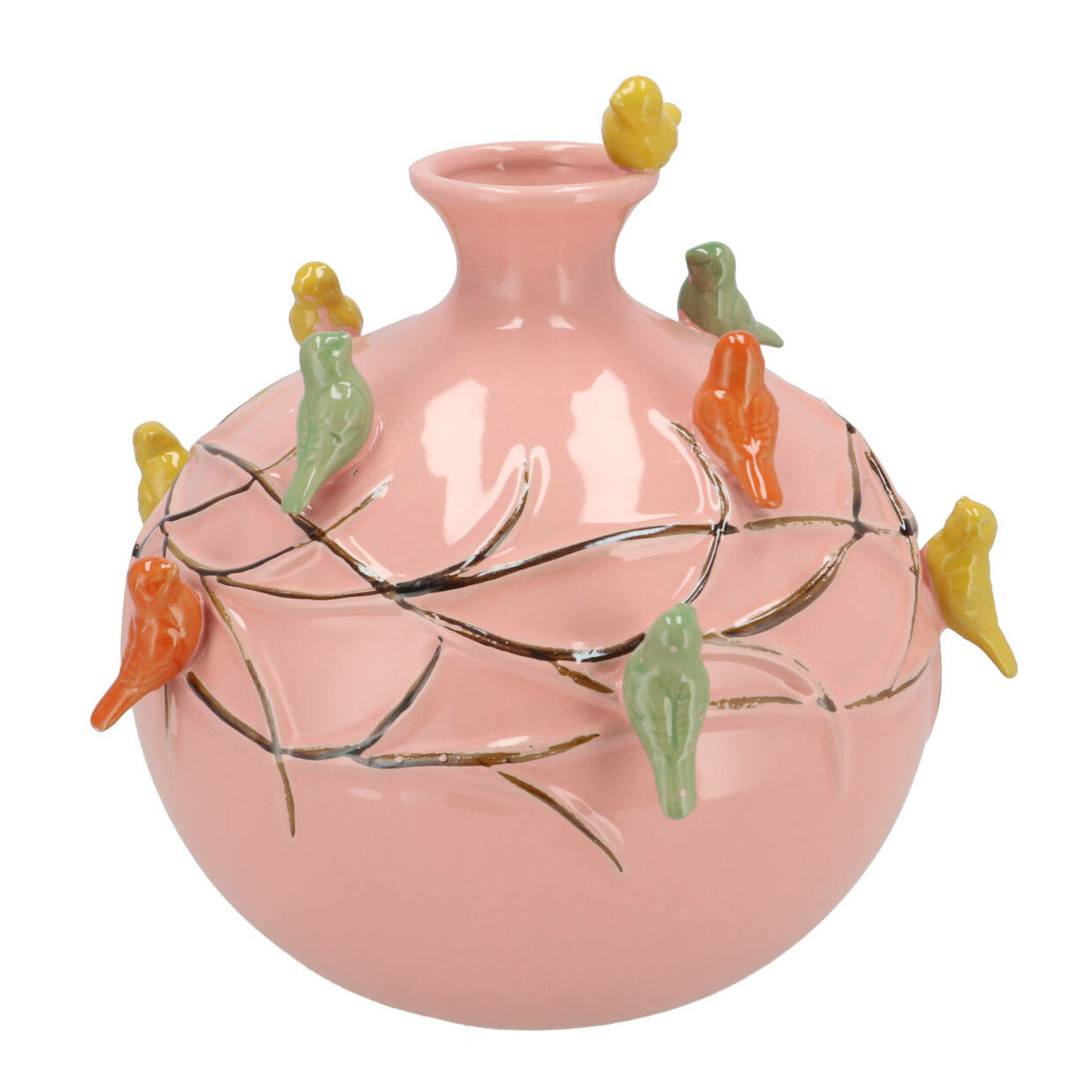 DK Design Vaas Spring birds - roze - keramiek - D23 x H23 cm - bloemenvaas -