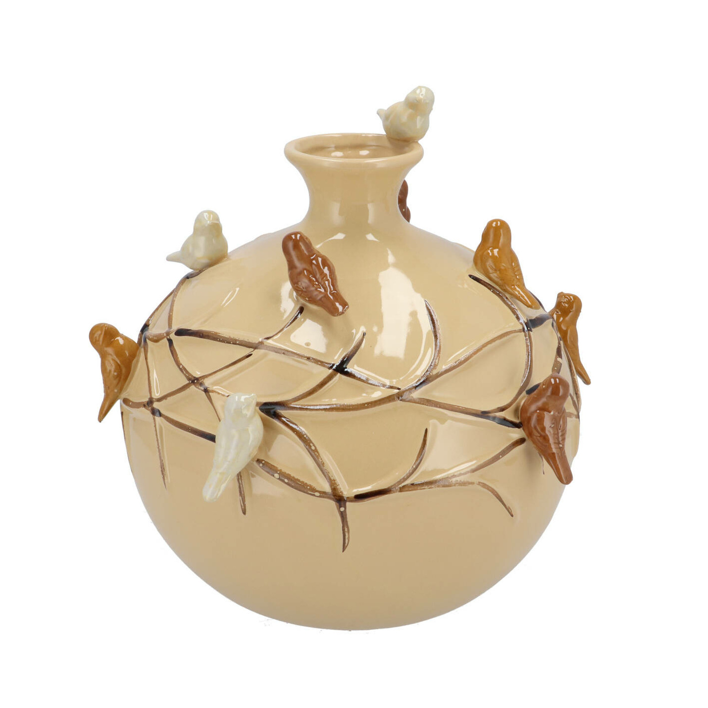 DK Design Vaas Spring birds - zandkleurig - keramiek - D23 x H23 cm - bloemenvaas -