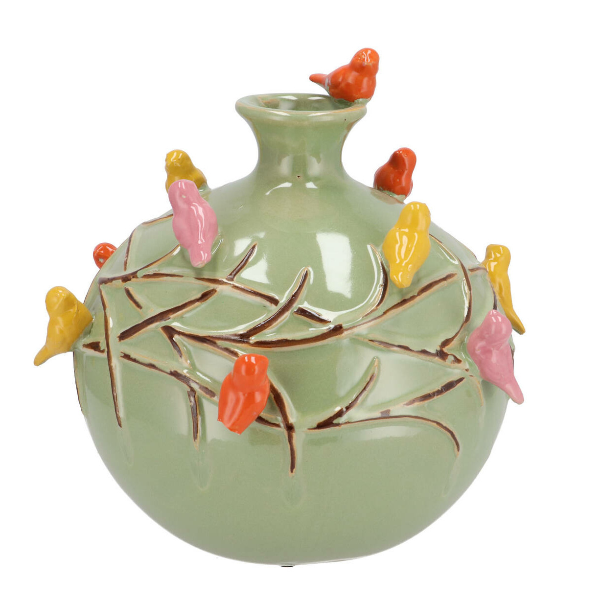 DK Design Vaas Spring birds - pistache groen - keramiek - D23 x H23 cm - bloemenvaas -
