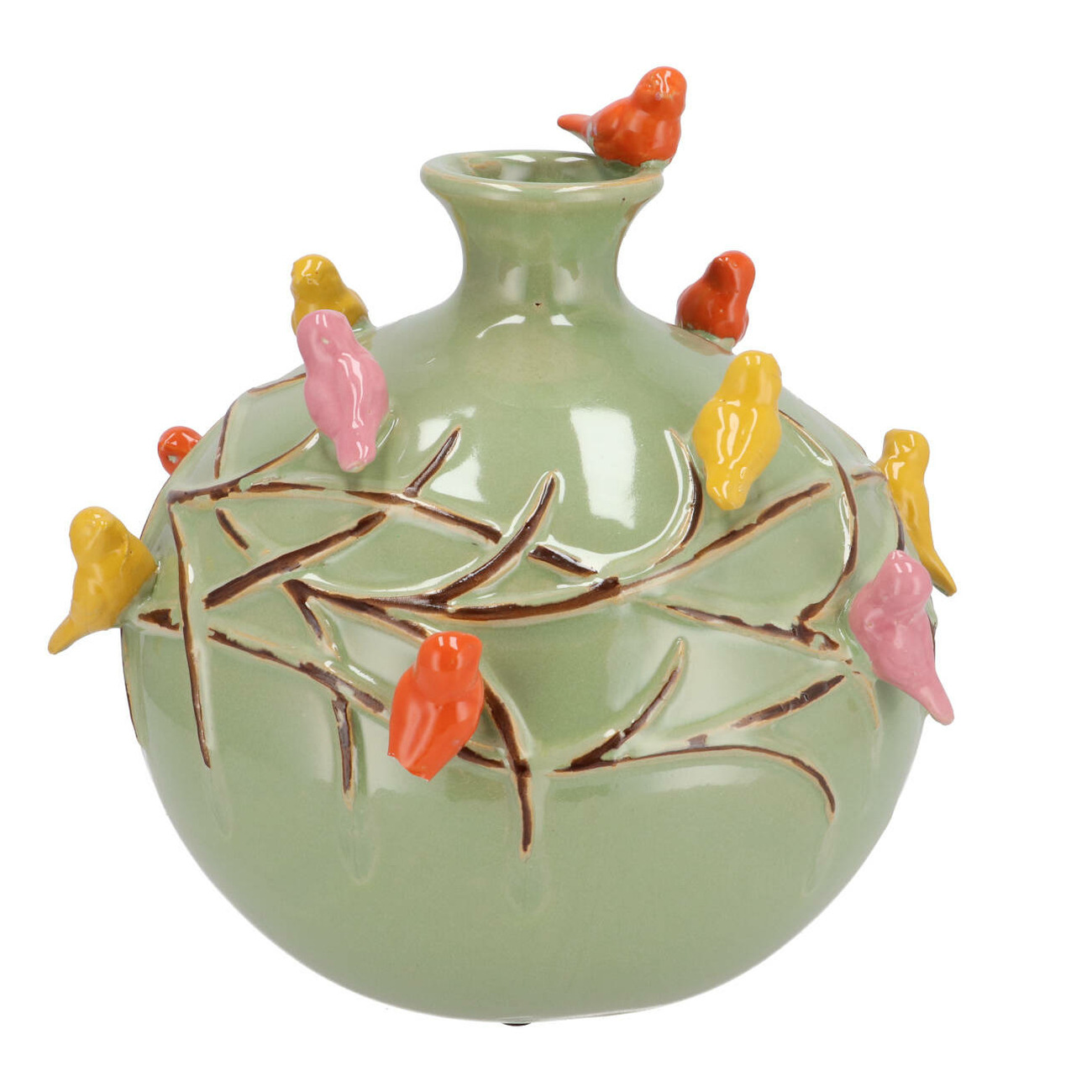 DK Design Vaas Spring birds - pistache groen - keramiek - D29 x H28 cm - bloemenvaas -