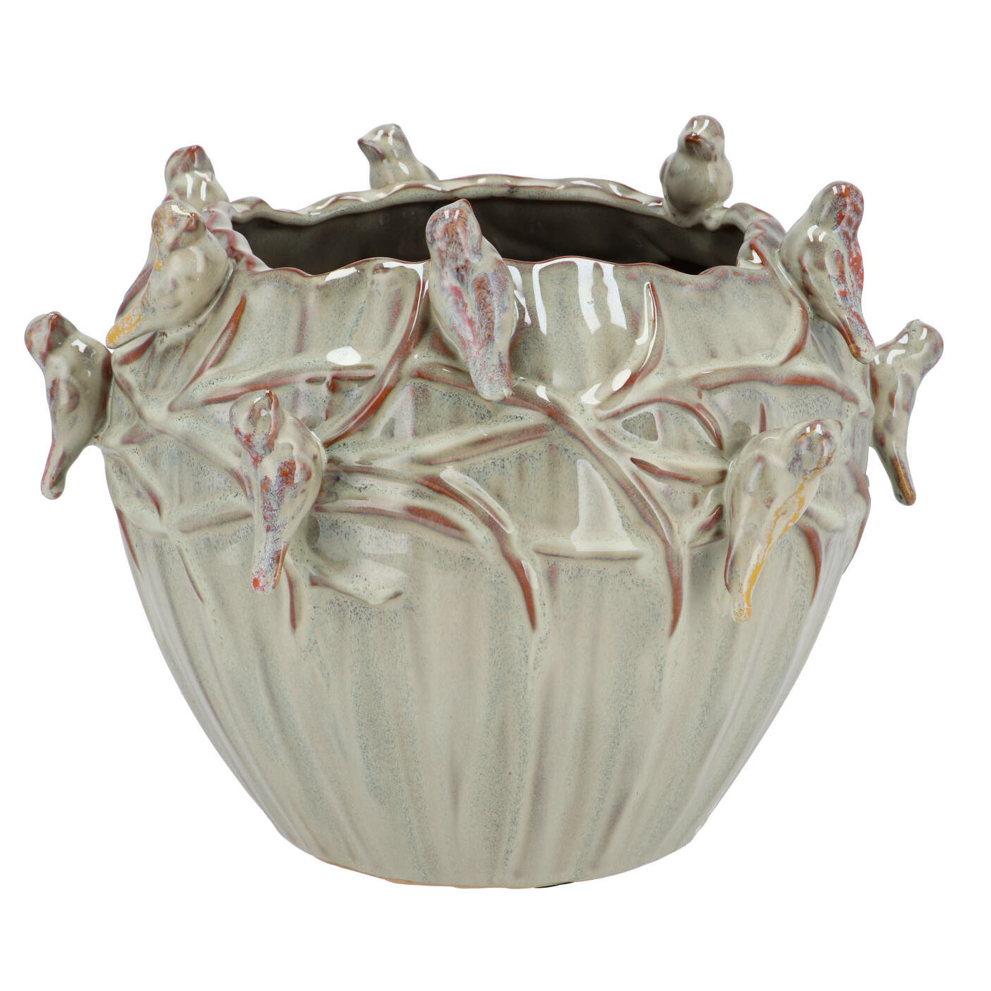 DK Design Bloempot/plantenpot Vogels - mosgroen - D26 x H20 cm -