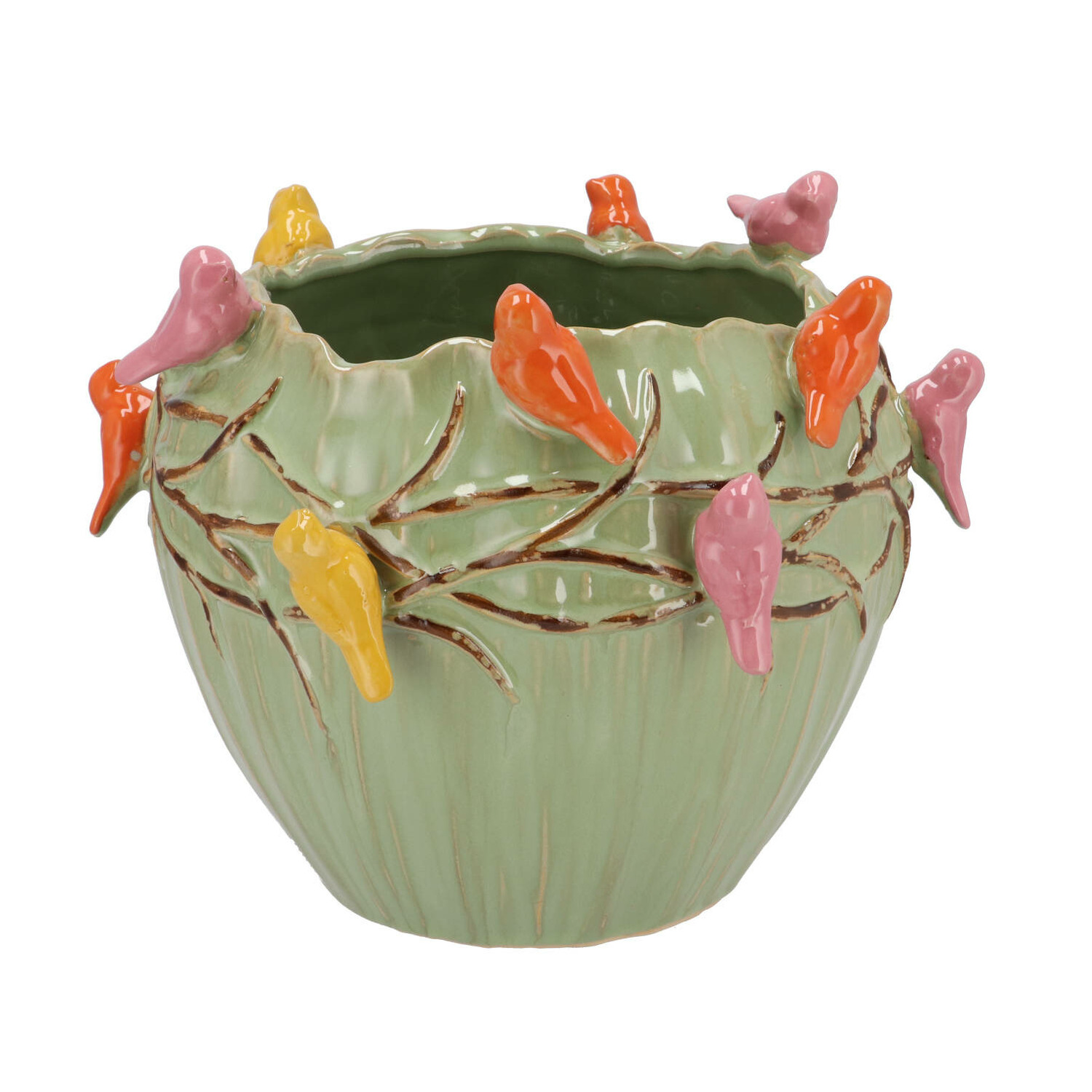 DK Design Bloempot/plantenpot Vogels - pistache groen - D26 x H20 cm -