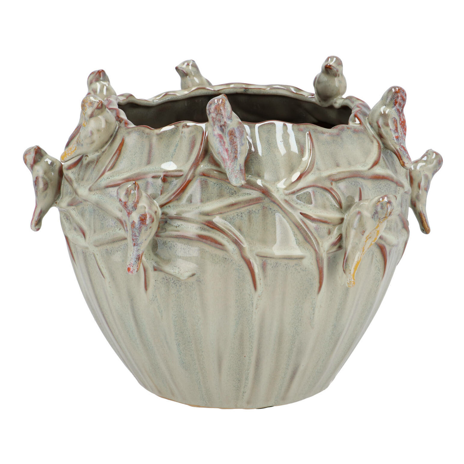 DK Design Bloempot/plantenpot Vogels - mosgroen - D28 x H22 cm -