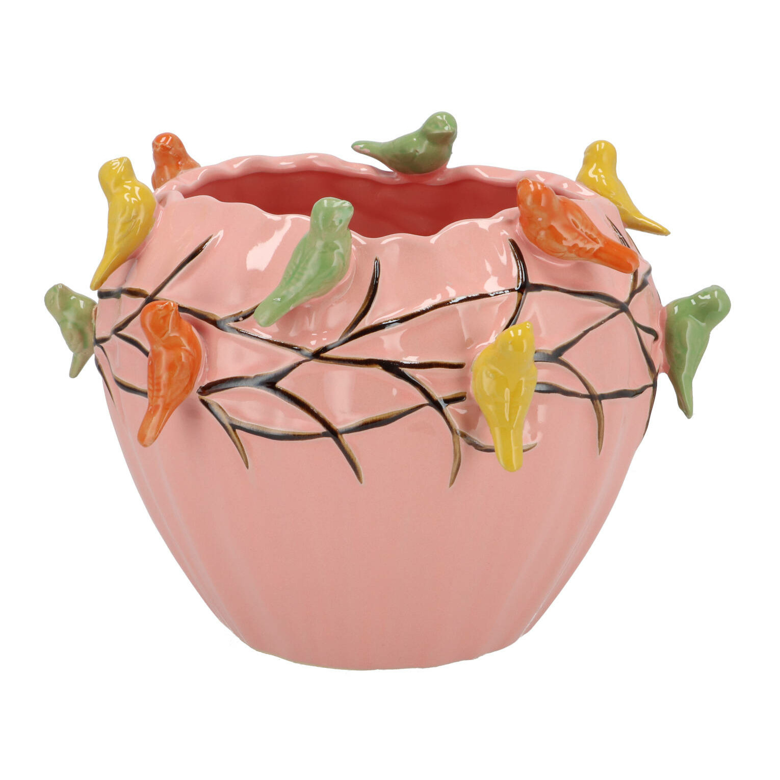DK Design Bloempot/plantenpot Vogels - roze - D26 x H20 cm -