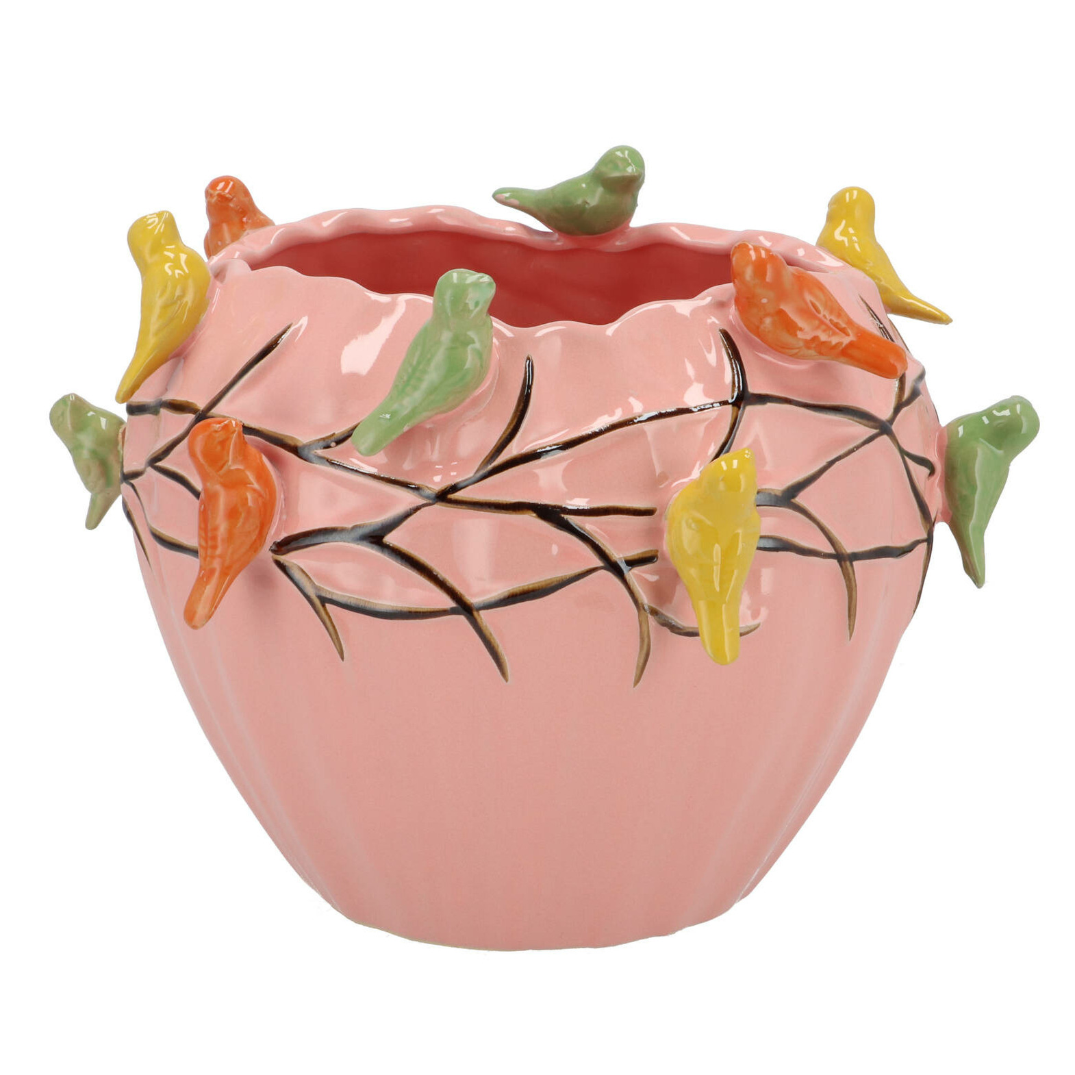 DK Design Bloempot/plantenpot Vogels - roze - D28 x H22 cm -